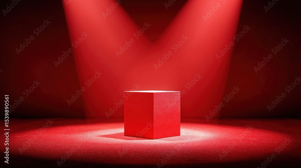 Poster minimalist red cube illuminated by dramatic spotlight on dark stage background