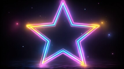 Obraz premium Vibrant Neon Star Outline Glowing Brightly Against Dark Space Background with Stars