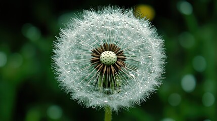 Seedhead with glistening dew drops on fragile filaments