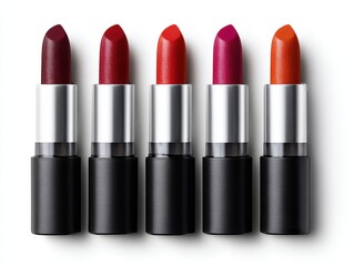 Obraz premium Close-up of five vibrant lipstick tubes arranged in a row with a plain white background