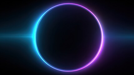 Obraz premium Vibrant neon glowing circle with light flare effect on dark background for technology design