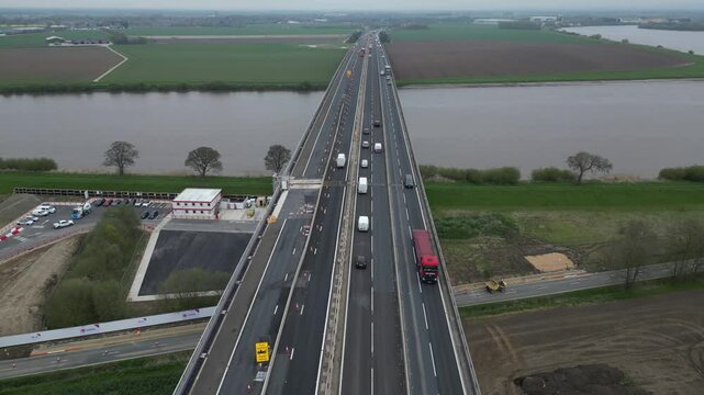 aerial view of The Ouse Bridge is a reinforced concrete plate girder bridge on the M62 that spans River Ouse. East Yorkshire 