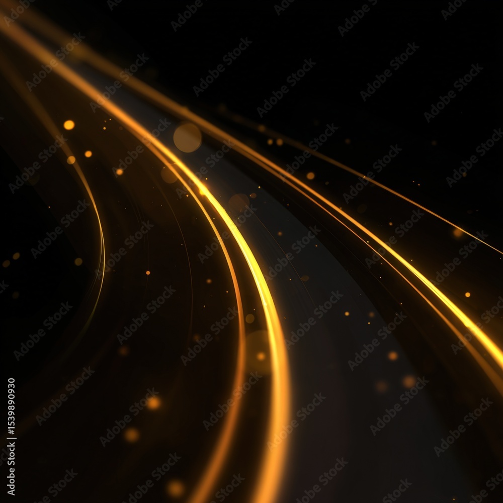 Poster dynamic glowing golden light trails streaming through dark background with particles