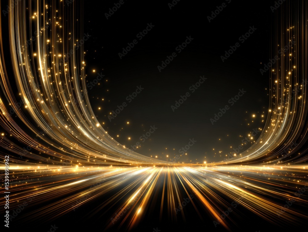 Poster dynamic golden light trail with sparkling particles creating a vibrant energetic atmosphere