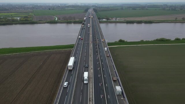 aerial view of The Ouse Bridge is a reinforced concrete plate girder bridge on the M62 that spans River Ouse. East Yorkshire 