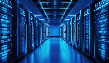 Empty server room lit by blue lights
