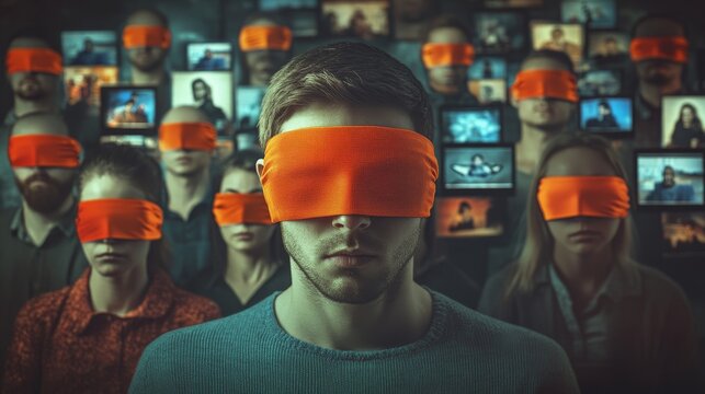 A captivating image of diverse people wearing striking orange blindfolds, symbolizing unity and anonymity