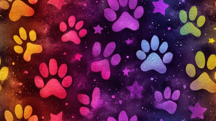 Vibrant colorful paw prints and stars pattern on galaxy cosmic background