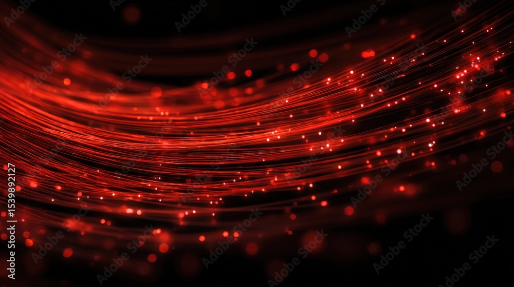 Fototapete dynamic flowing red light streaks with sparkling particles in motion background
