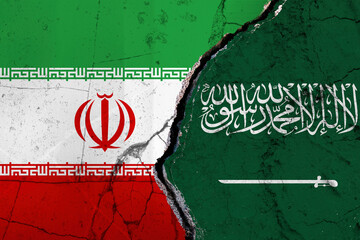 Torn Flags of Saudi Arabia and Iran Depicting Political and Cultural Tension. Split Design of Iran vs Saudi Arabia Flags on Textured Surface. 
