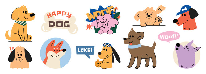 Obraz na płótnie Canvas Set of cute dog sticker vector. Lovely dog doodle pattern in different poses and breeds. Adorable funny pet and many characters hand drawn collection for T-shirt, sticker, print, pet shop.