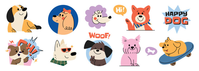 Obraz na płótnie Canvas Set of cute dog sticker vector. Lovely dog doodle pattern in different poses and breeds. Adorable funny pet and many characters hand drawn collection for T-shirt, sticker, print, pet shop.