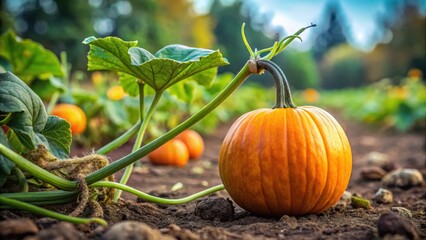 close-up of a fresh pumpkin growing on the ground with climbing vines