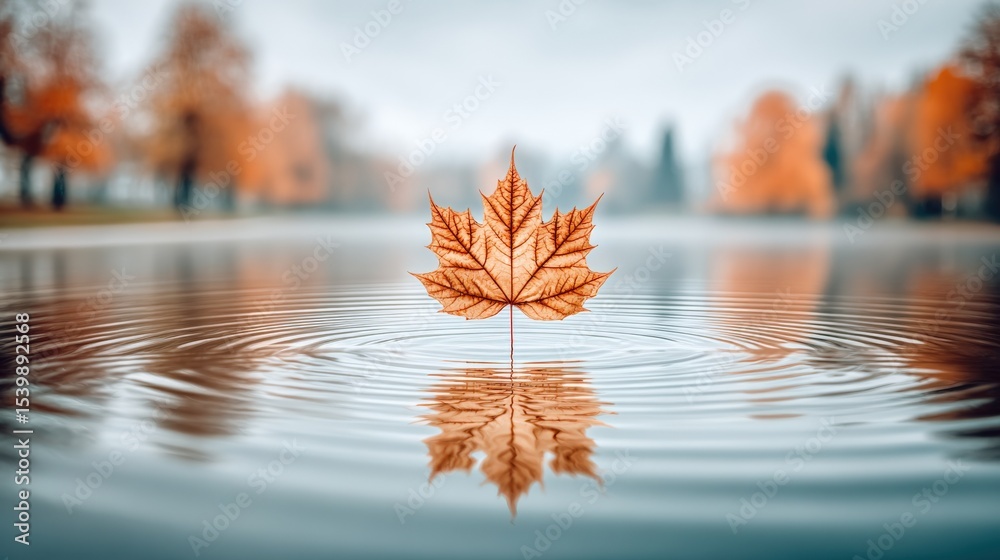 Aufkleber single autumn maple leaf floating on calm water with reflections and fall colors
