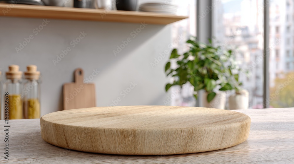 Poster empty wooden round serving platter on kitchen countertop with window view