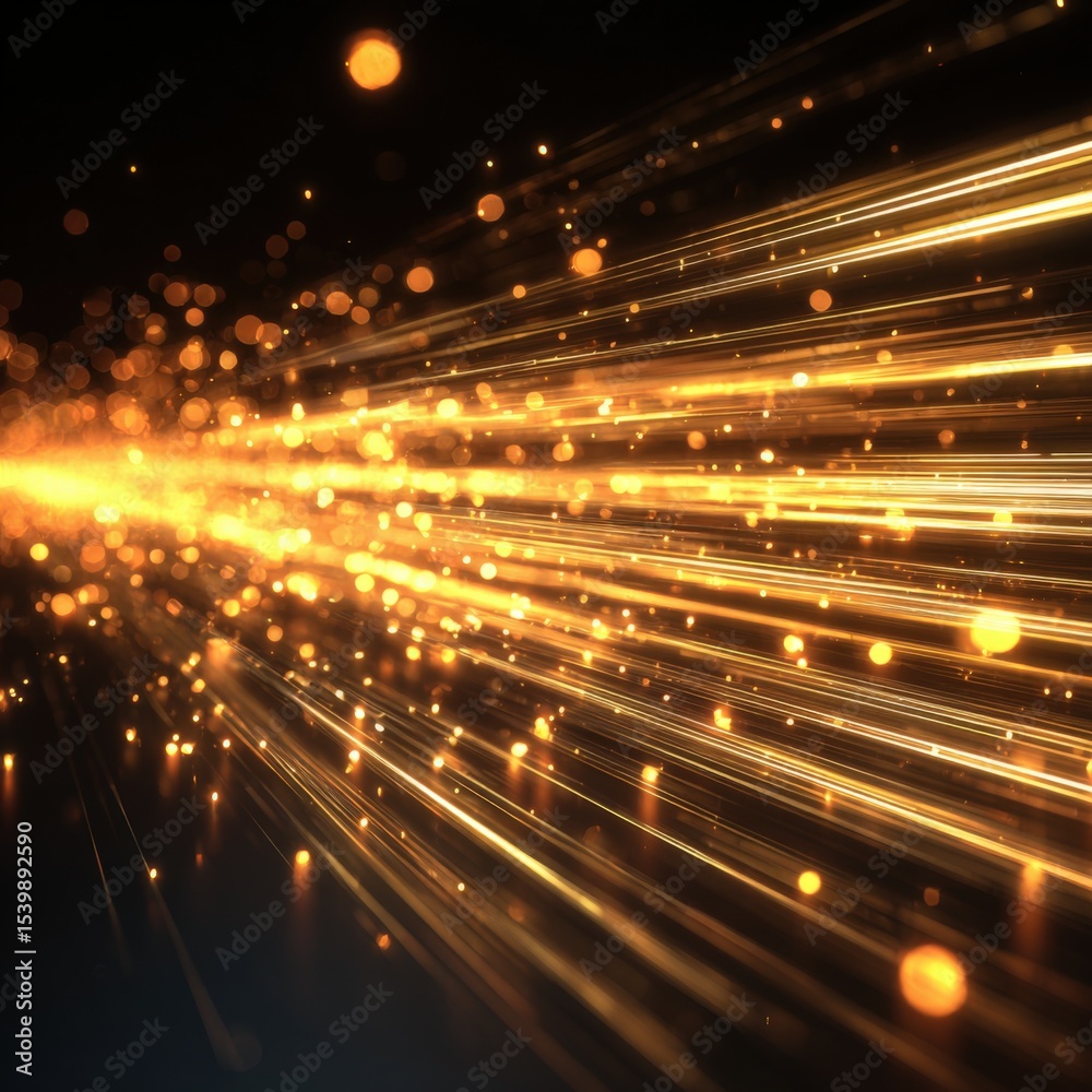 Poster dynamic golden light trails with sparks and motion blur on a dark background