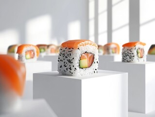 Fresh sushi rolls displayed in a bright, modern setting. Perfect for culinary, restaurant, or food-related projects.