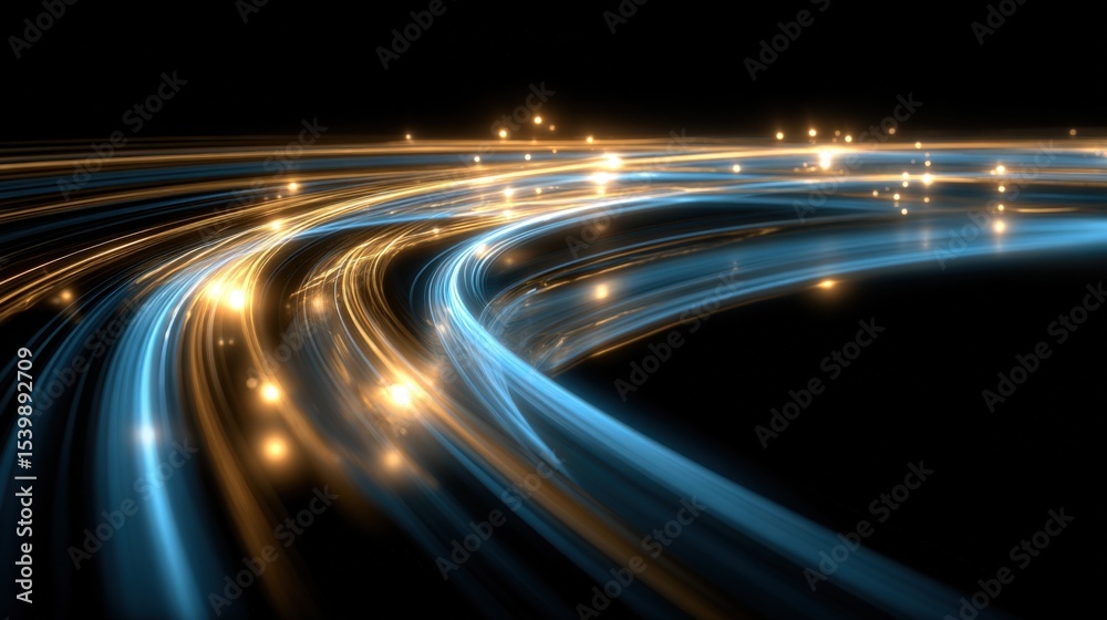 Poster dynamic fast moving abstract light trails with glowing golden and blue streaks