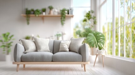 Fototapeta premium Bright modern living room with large and cozy neutral-toned sofa decor