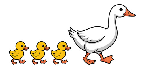 Mother goose and three cute goslings walking