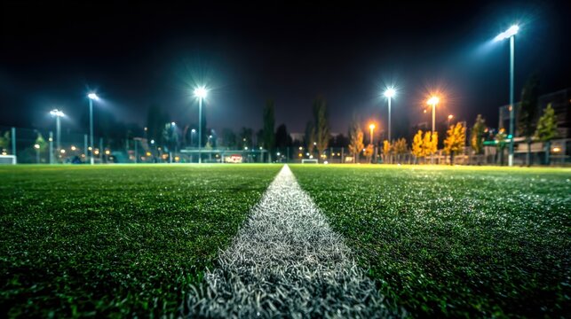 Long shot view of brightly lit illuminated sports football soccer field at night