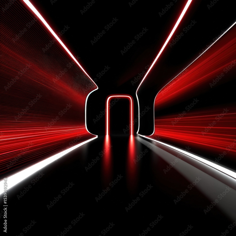 Poster futuristic tunnel with red and white neon lights and long perspective view