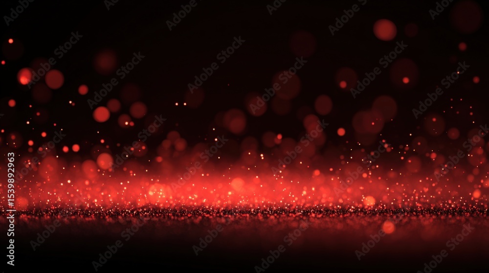 Poster Sparkling Red Bokeh Light Effect with Glitter Particles on Dark Background