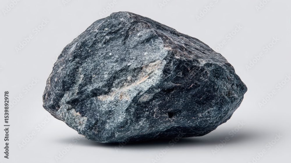 Poster Close-up of a large dark gray rough textured stone isolated on a light background