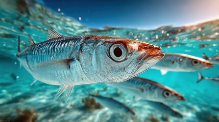 Fototapeta premium Close-up of a Silver Fish Underwater with Clear Water and Bright Sunlight Effect