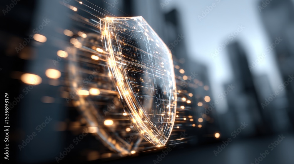 Poster futuristic digital shield with glowing particles symbolizing protection and cybersecurity