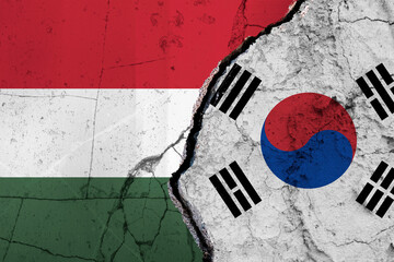 Torn Flags of South Korea and Hungary Depicting Political and Cultural Tension. Split Design of ...