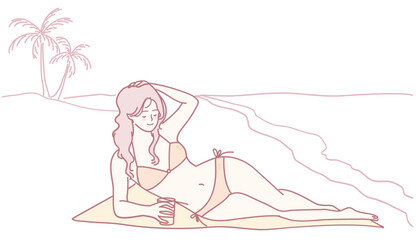 A woman enjoys a cold drink on a sunny beach, surrounded by palm trees and the sound of rolling waves