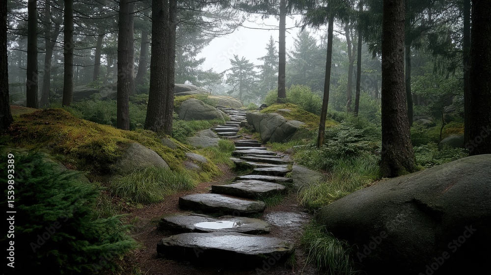 Poster serene forest trail with stepping stones surrounded by lush greenery and tall trees
