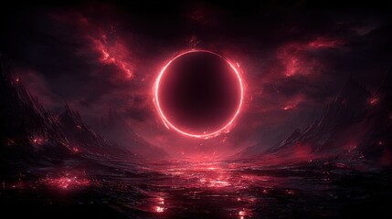 Obraz premium Dramatic cosmic eclipse scene with glowing red and dark mysterious sky