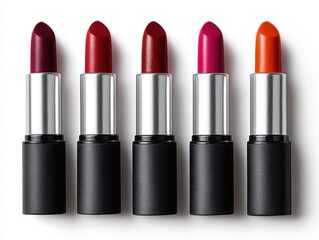 Obraz premium Close-up of five vibrant lipstick tubes in different shades arranged in a row on white background