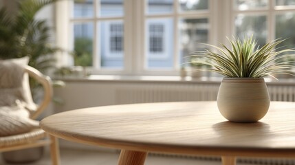 Bright modern living room interior with large window and minimalist decor