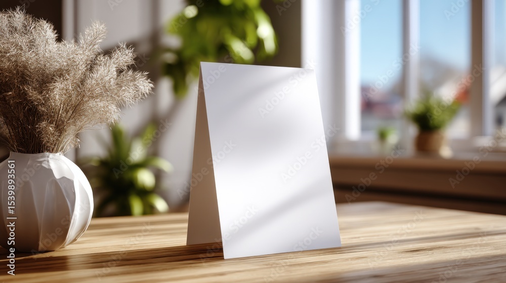 Aufkleber minimalist white folded blank paper note standing upright on wooden table with houseplants and sunli