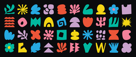 Set of abstract organic shapes vector. Collection of contemporary figure, cloud, flower, sparkle, geometric shape in funky groovy. Cute hippie design element perfect for banner, print, stickers.