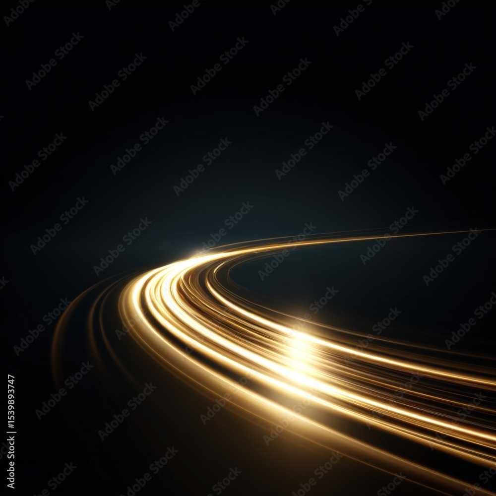 Poster dynamic golden light streaks swirling through dark background with motion blur