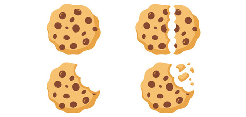 Four chocolate chip cookies in different stages of being eaten