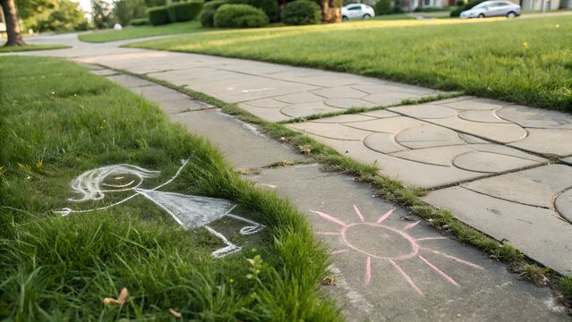 Patchy lawn with a child's drawing sketched in chalk on nearby pavement, contrast of youth and nature