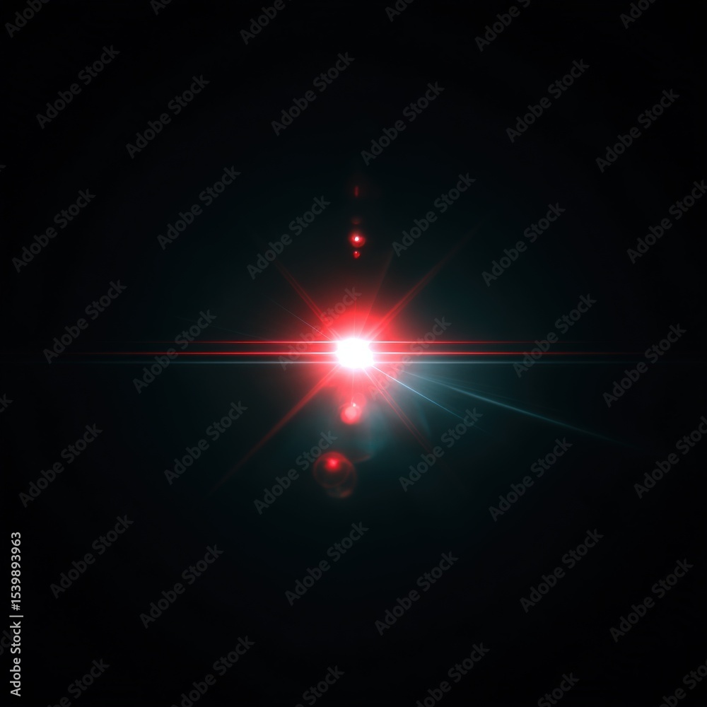 Poster bright red laser flare with multiple lens reflections and starburst effect in dark background