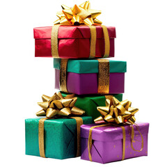 Obraz premium Stacked colorful gifts on transparent background.