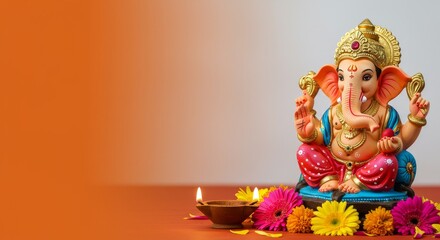 Colorful Ganesha idol placed on home altar with diya and flowers, background gradient from soft orange to white