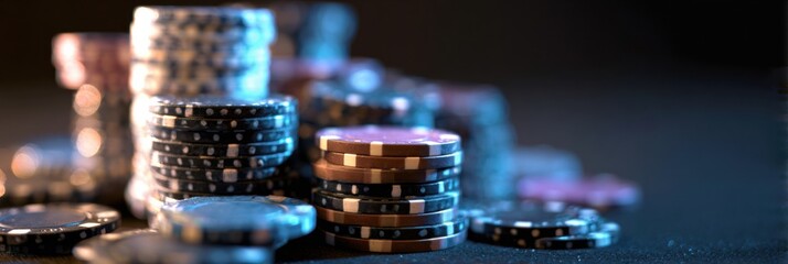 Casino Chips Stacked High With Soft Lighting Highlighting the Colors and Textures, Creating an Inviting Atmosphere for Gaming Enthusiasts