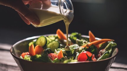 サラダにドレッシングをかける手元