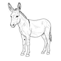 Donkey animal sketch stands quietly on open ground. Farm animal concept