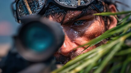 Soldier aiming a sniper rifle through foliage during a tactical operation in a military setting