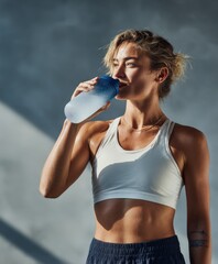 Smiling athletic woman drinking water from bottle after workout in gym setting © Generative AI