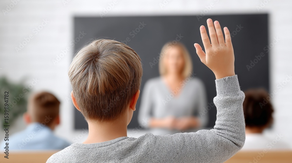Poster student raising hand in classroom du lesson with teacher and classmates